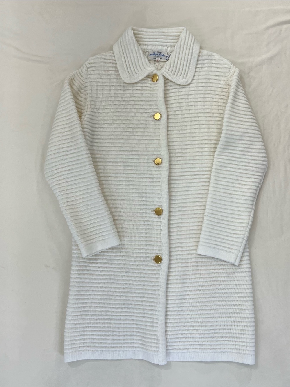 Vintage White Ribbed Knit Cardigan Coat with Gold Buttons